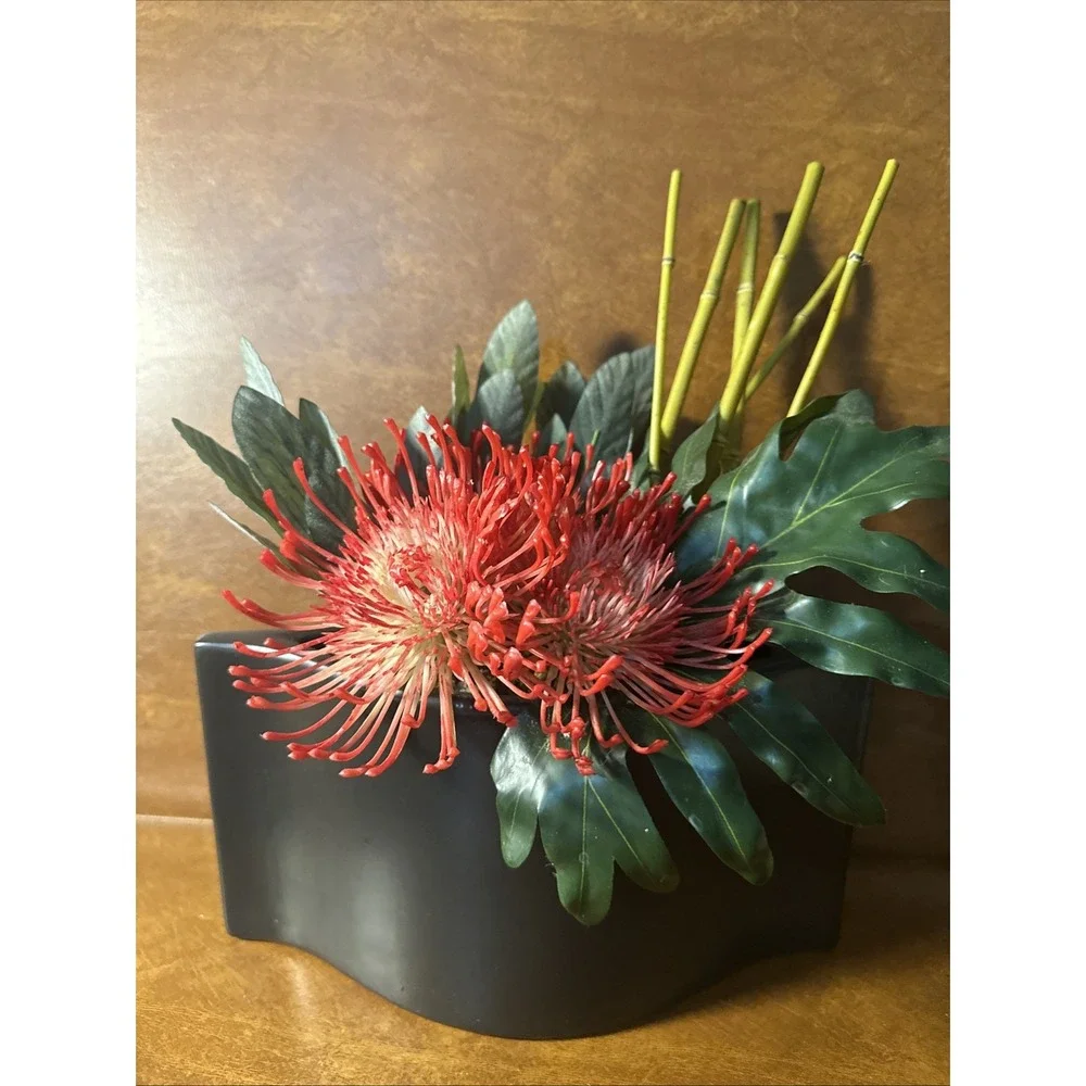 Protea Asian Inspired Tropical silk flowers Red/Orange Artificial in Black Plant